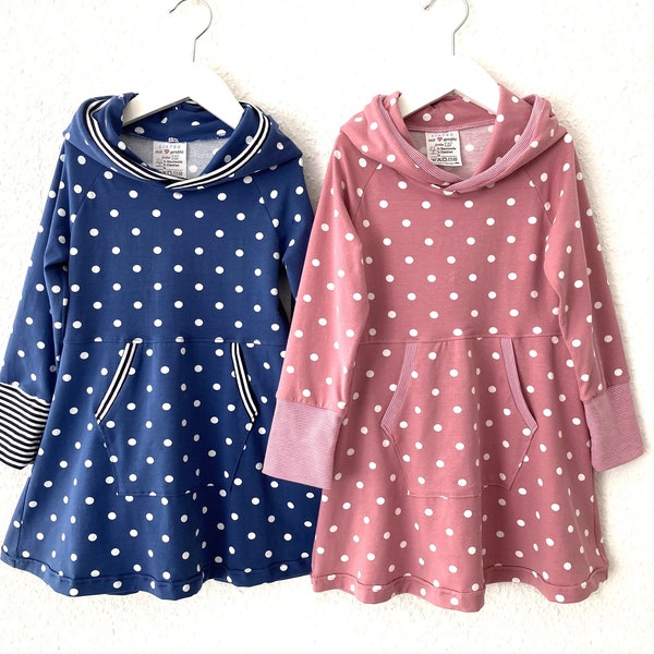 Hoodie Kleid, Einschulungskleid, blau oder antik pink, weiße Punkte, für Mädchen