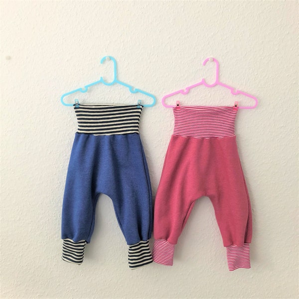 Checker pants, pump pants, baby pants, children's pants made of winter sweat blue and pink (mottled)
