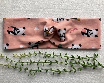 Stirnband, Turbanhaarband, Bandeau, Haarband für Damen und Mädchen - Motiv: Panda, hellrosa/lachs