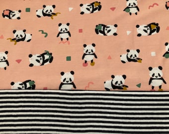 Stoff Set Baumwolljersey Panda lachs/rosa mit  schwarz/weiß  gestreiften Bündchen