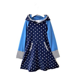 Hoodie dress, school dress, dark blue, white dots, for girls