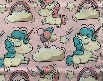 Children's fabric, cotton fabric, unicorn & rainbow - rose, turquoise, beige