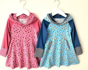 Flower dress for girls, girls dress, hooded dress, pink or light blue