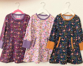Mädchen Kleider aus Baumwolljersey, Motiv: Fuchs-Wiese, weinrot, hellrosa oder dunkel jeansblau