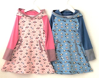 Owl dress for girls, girls dress, hooded dress, light blue or pink