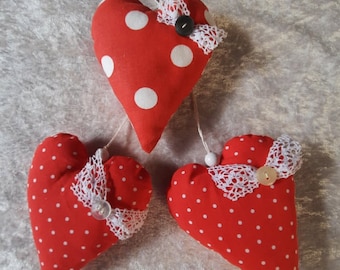 3 Hearts of Fabric / Hanging Hearts / Hearts / Decoration / Hanging Decoration / Window Decoration