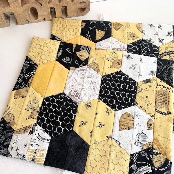 Untersetzer, Miniquilt „Honey Bee“ (pro Stück), kleiner Tischläufer, MugRug