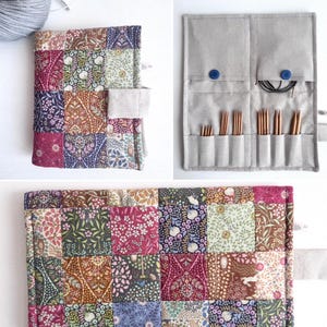 May include: A patchwork fabric knitting needle case and a matching needle roll. The case features a floral pattern in squares of pink, blue, and green. The roll is made of grey linen and holds various sizes of wooden knitting needles.
