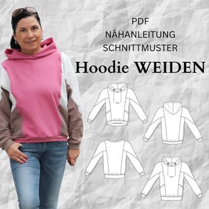 PDF pattern hoodie women in sizes 34-54 German instructions, with pockets and divisions, hood or round cuffs