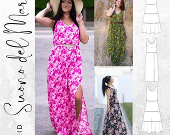 PDF sewing pattern dress women size 34-48 German instructions, summer dress with tiers or slit, V-neck or round neck