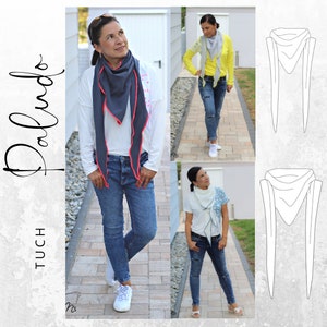 May include: Three different ways to style a blue scarf with a white trim. The scarf is shown tied around the neck of a person wearing a white shirt and blue jeans. The scarf is also shown in a diagram.