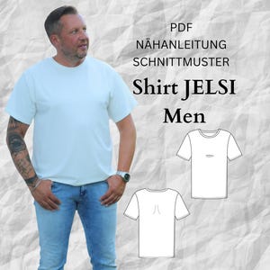 Könnte beinhalten: Ein Mann trägt ein weißes Kurzarm-T-Shirt und eine blaue Jeans. Das Bild enthält den Text "Shirt JELSI Men" und Diagramme des Shirts. Der Hintergrund ist eine strukturierte, cremefarbene Oberfläche.