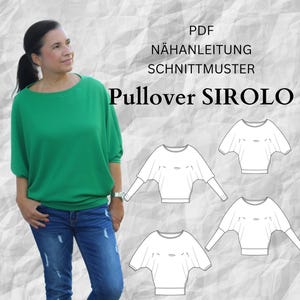 Op de afbeelding: Een vrouw draagt een groene trui en een blauwe jeans. De afbeelding bevat de tekst "PDF NÄHANLEITUNG SCHNITTMUSTER Pullover SIROLO" en verschillende lijntekeningen van het trui-ontwerp. De achtergrond is een getextureerde, gebroken witte kleur.