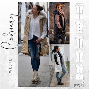 Könnte beinhalten: Eine gesteppte Weste mit Kapuze und Taschen. Die Weste ist in Beige, Schwarz und Weiß erhältlich. Die Weste wird an drei verschiedenen Modellen gezeigt.