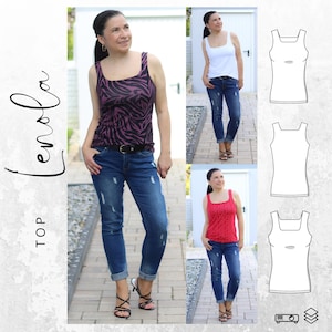 May include: A woman wearing a purple and black zebra print tank top, blue jeans, and black heels. The image also shows a white tank top and a red polka dot tank top. The word "Lenola" is written in cursive, and the word "TOP" is written vertically.