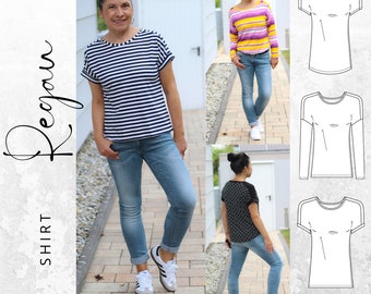 Könnte beinhalten: Eine Frau trägt ein gestreiftes Shirt mit hochgekrempelten Ärmeln und blaue Jeans. Das Shirt hat einen runden Ausschnitt und eine lockere Passform. Das Bild zeigt auch drei Strichzeichnungen des Shirts in verschiedenen Ausführungen: Kurzarm, Langarm und Kurzarm mit einem anderen Ärmeldesign.