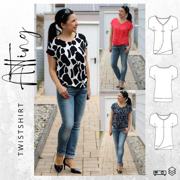 PDF sewing pattern Shirt mi Twist for women in sizes 34-54 German instructions, short sleeve