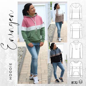 May include: A three-colour hoodie with a pink, white and green colour block design. The hoodie has a drawstring hood and a kangaroo pocket. The model is wearing the hoodie with blue jeans and white trainers.
