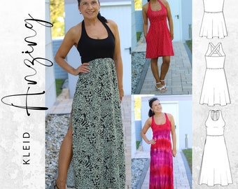 PDF sewing pattern dress women size 32-50 German instructions, summer dress with slit, halter neck or crossed