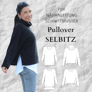 Könnte beinhalten: Ein schwarzer Pullover mit Stehkragen und seitlichen Schlitzen. Das Muster beinhaltet eine Vorderansicht des Pullovers und vier verschiedene Ansichten des Pullovers in einer Strichzeichnung. Der Text "PDF NÄHANLEITUNG SCHNITTMUSTER Pullover SELBITZ" befindet sich oben im Bild.