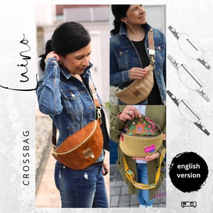 May include: Three women are wearing different styles of brown, tan, and yellow crossbody bags. The bags have a zipper closure and a long adjustable strap. The bags are made of woven fabric and have a unique design. The text "crossbag" and "win" is written on the left side of the image. The text "english version" is written on the right side of the image.