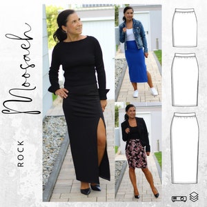 PDF sewing pattern for women&#39;s skirts, sizes 32-52, various lengths, skirt with slit, mini midi or maxi, German instructions