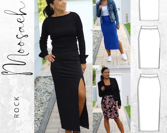 PDF sewing pattern for women's skirts, sizes 32-52, various lengths, skirt with slit, mini midi or maxi, German instructions