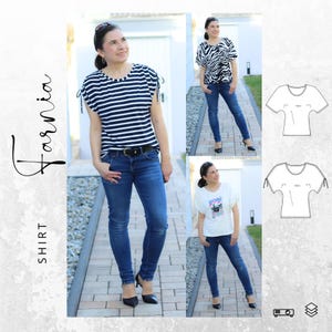 May include: A short-sleeved shirt pattern named Farnia, shown in three variations: a navy and white striped version, a black and white zebra print version, and a white version with a graphic print, all featuring side-tie sleeve details.