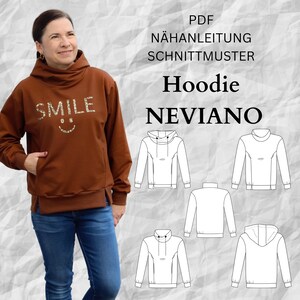 May include: A woman wearing a brown hoodie with the word "SMILE" in gold lettering. The hoodie has a side pocket and is paired with blue jeans. The image also includes a pattern for a hoodie.