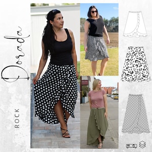 Könnte beinhalten: Drei Frauen tragen verschiedene Variationen eines Wickelrocks mit Rüschendetail. Der Rock ist in Schwarz-Weiß-Polka-Dots, Grün und Grau mit weißen Polka-Dots erhältlich. Der Rock ist knielang und hat einen High-Low-Saum. Der Rock heißt "Rock Dorada".
