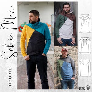 Pode incluir: Um moletom com capuz em blocos de cores amarelo, turquesa e preto, com gola alta. A imagem mostra um homem vestindo o moletom com capuz, com imagens adicionais do moletom com capuz em diferentes combinações de cores. O texto "Schio Men" e "Hoodie" também são visíveis.