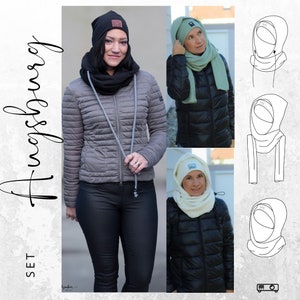 May include: A set of three hooded scarves in white, green, and black. The scarves are shown in a flat lay with a model wearing a black beanie and a gray jacket. The text "SET" and "Hooded Scarf" are visible in the image.
