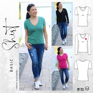 May include: A sewing pattern for a basic shirt with a V-neck. The pattern includes instructions for making a short-sleeved shirt, a long-sleeved shirt, and a t-shirt. The pattern is available in multiple colours, including green, black, pink, and white.