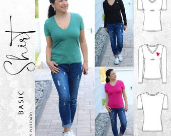 PDF sewing pattern for women's basic shirt 2 in sizes 32-56, German instructions, with free plotter file