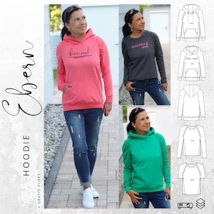 Peut inclure: Un patron de couture pour un sweat à capuche pour femme, disponible en trois couleurs : rose, gris et vert. Le patron comprend une capuche, une poche kangourou et une coupe ample. Le patron est disponible en téléchargement numérique et comprend des instructions pour coudre le sweat à capuche.