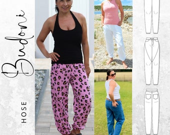 PDF sewing pattern for women's trousers with or without divisions in sizes 34-54, instructions in German, optionally with belt loops and pockets