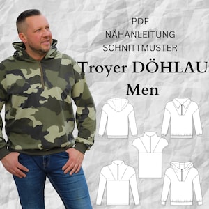 May include: PDF sewing pattern for a hooded sweatshirt with a zipper. The pattern includes five different styles of sweatshirts, including a hooded sweatshirt, a sweatshirt with a collar, and a sweatshirt with a short sleeve. The pattern is for men's sizes.