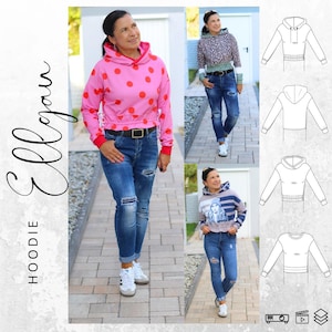 PDF pattern hoodie women in sizes 34-56 German instructions, with drawstring, hood or round neck, cropped