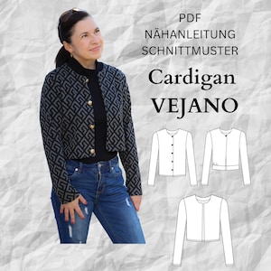 May include: A woman in a black and grey patterned cardigan with gold buttons and blue jeans. The image features the text "PDF NÄHANLEITUNG SCHNITTMUSTER Cardigan VEJANO" and illustrations of cardigan designs.