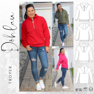 May include: A woman wearing a red sweatshirt with a zipper and a high collar, paired with blue jeans. The image also shows a green and a pink sweatshirt, along with technical drawings of similar garments. The word "Döhlau" is written in cursive.