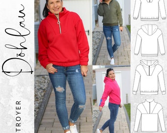 PDF sewing pattern Troyer women in sizes 34-56 German instructions, with zipper, hood, stand-up collar and video tutorials