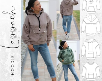 PDF sewing pattern hoodie for women in sizes 34-54 German instructions, with pocket and gathering, hood or round neck cuffs, sleeve gathering