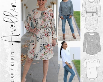 PDF sewing pattern blouse or dress with pleats for women in sizes 32-54 German instructions, short-sleeved or long-sleeved