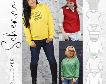 PDF sewing pattern sweater or sweater for women in sizes 34-56 German instructions, turtleneck, V-neck or round neck cuffs,