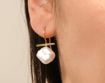 White Square and Round Freshwater Pearl Dangle Drop Earrings, French Hook Earrings, Pearl Earrings, Bridal Jewelry, Gifts for Mother