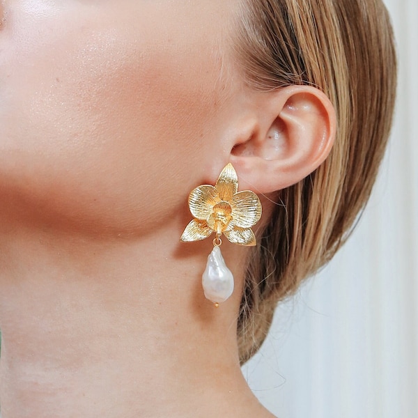 Baroque Pearl earrings, Pearl Bridal Earrings, Orchid Earrings, Pearl Dangling Earrings, Gift For Mom