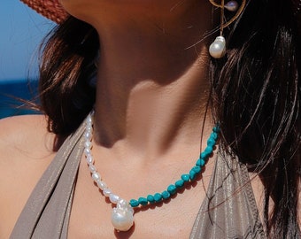 Collier baroque perle et turquoise choker, turquoise choker, bijoux turquoise, collier d’été, cadeau pour maman