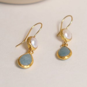 Pearl Drop Earrings with Aquamarine, Elegant Gold Pearl Earrings,Aquamarine Pearl Drops, Birthstone Jewelry, Gift For Her, Gift for Mother image 3