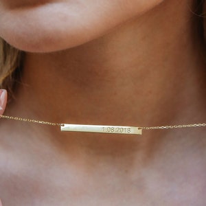 Thin Bar Necklace, Mother Necklace, Lettered Birth Date Necklace, Date Necklace, Name Necklace, Minimal Bar Necklace, Gift for Mother image 1