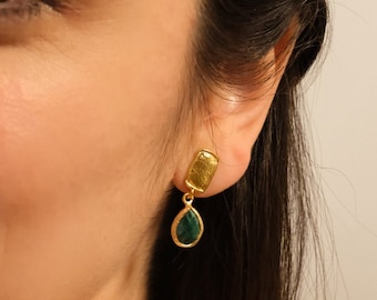 Emerald Drop Earrings, Green Art Deco Stud Earrings, Elegant Emerald Jewelry, Birthstone Jewelry, Gift for Her, Gifts for Mom